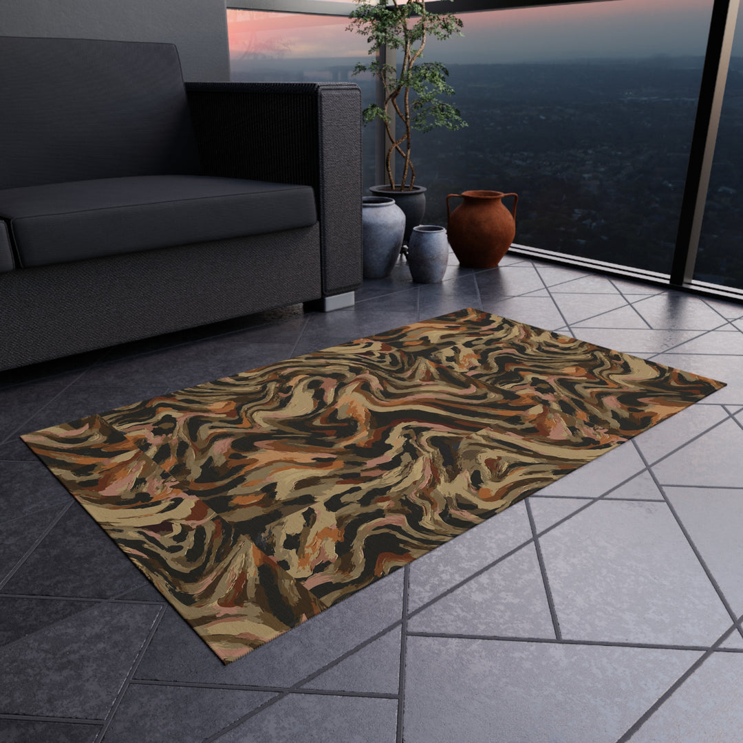 Abstract Swirl Camouflage Outdoor Rug | Brown Tan Black Patterned Patio Mat
