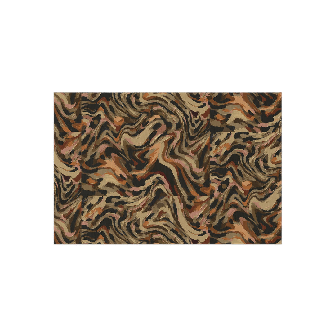 Abstract Swirl Camouflage Outdoor Rug | Brown Tan Black Patterned Patio Mat