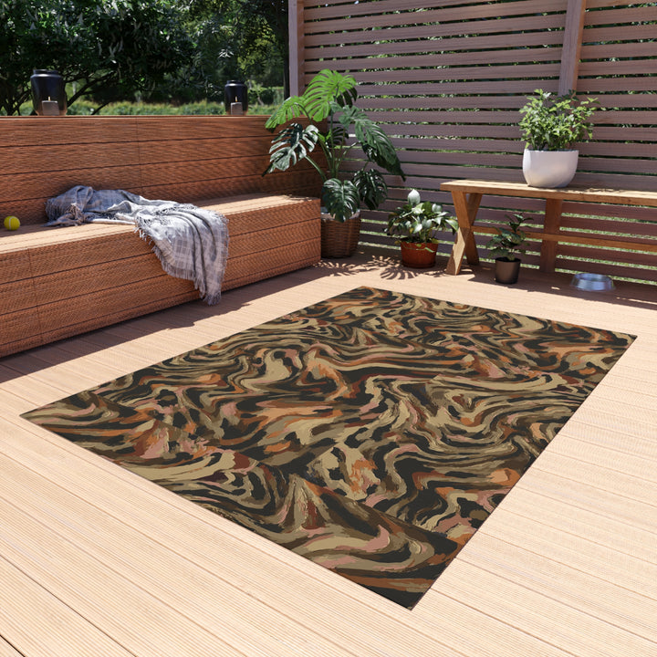 Abstract Swirl Camouflage Outdoor Rug | Brown Tan Black Patterned Patio Mat