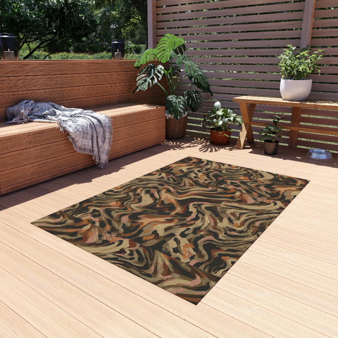 Abstract Swirl Camouflage Outdoor Rug | Brown Tan Black Patterned Patio Mat