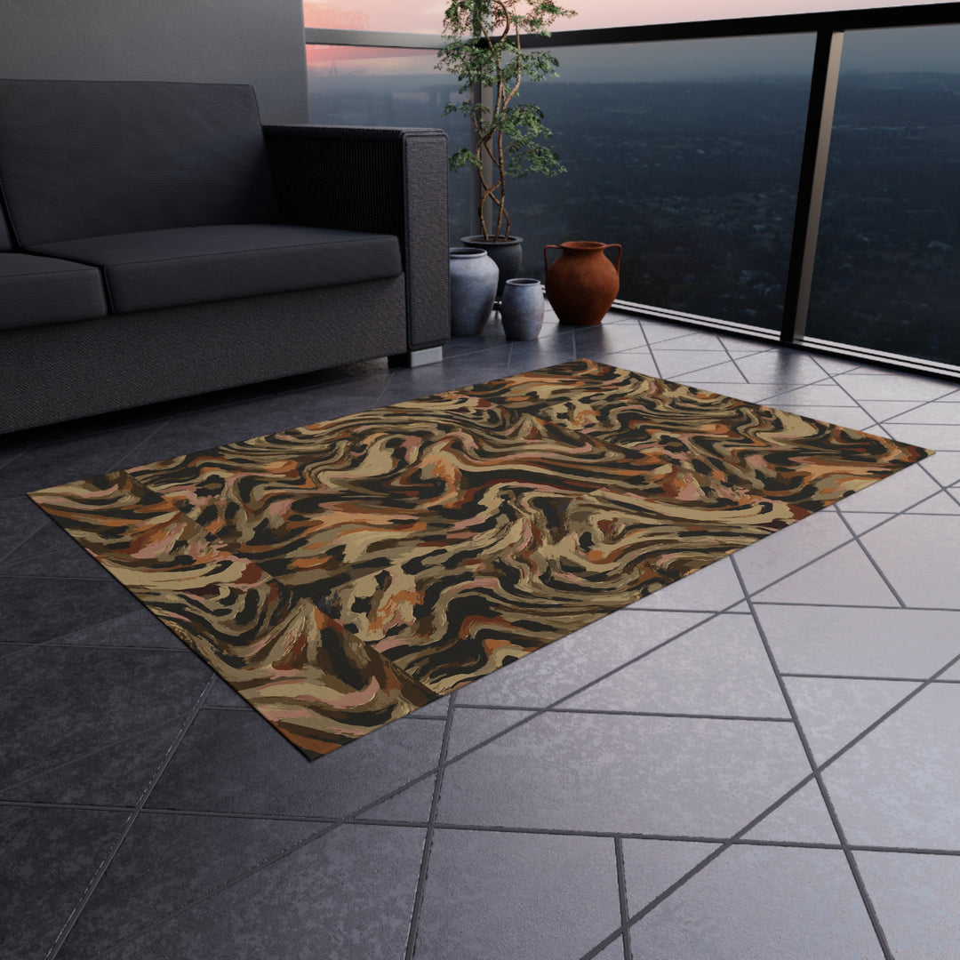Abstract Swirl Camouflage Outdoor Rug | Brown Tan Black Patterned Patio Mat