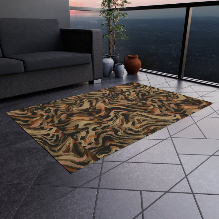 Abstract Swirl Camouflage Outdoor Rug | Brown Tan Black Patterned Patio Mat