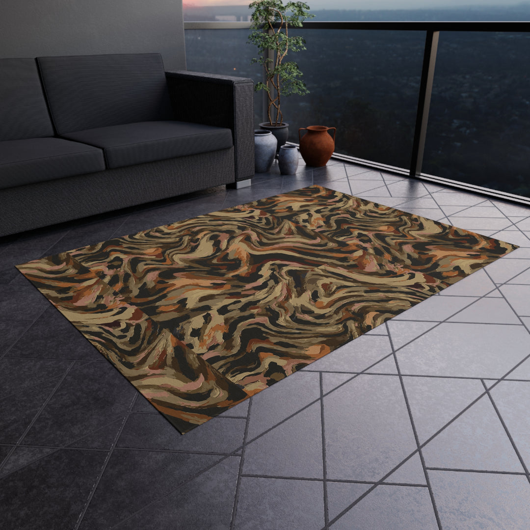 Abstract Swirl Camouflage Outdoor Rug | Brown Tan Black Patterned Patio Mat